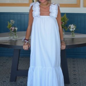 Vestido Olivia plumeti blanco con rulito gris