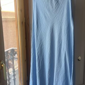 Conjunto falda lino más camisa crepé solapa azul porcelana